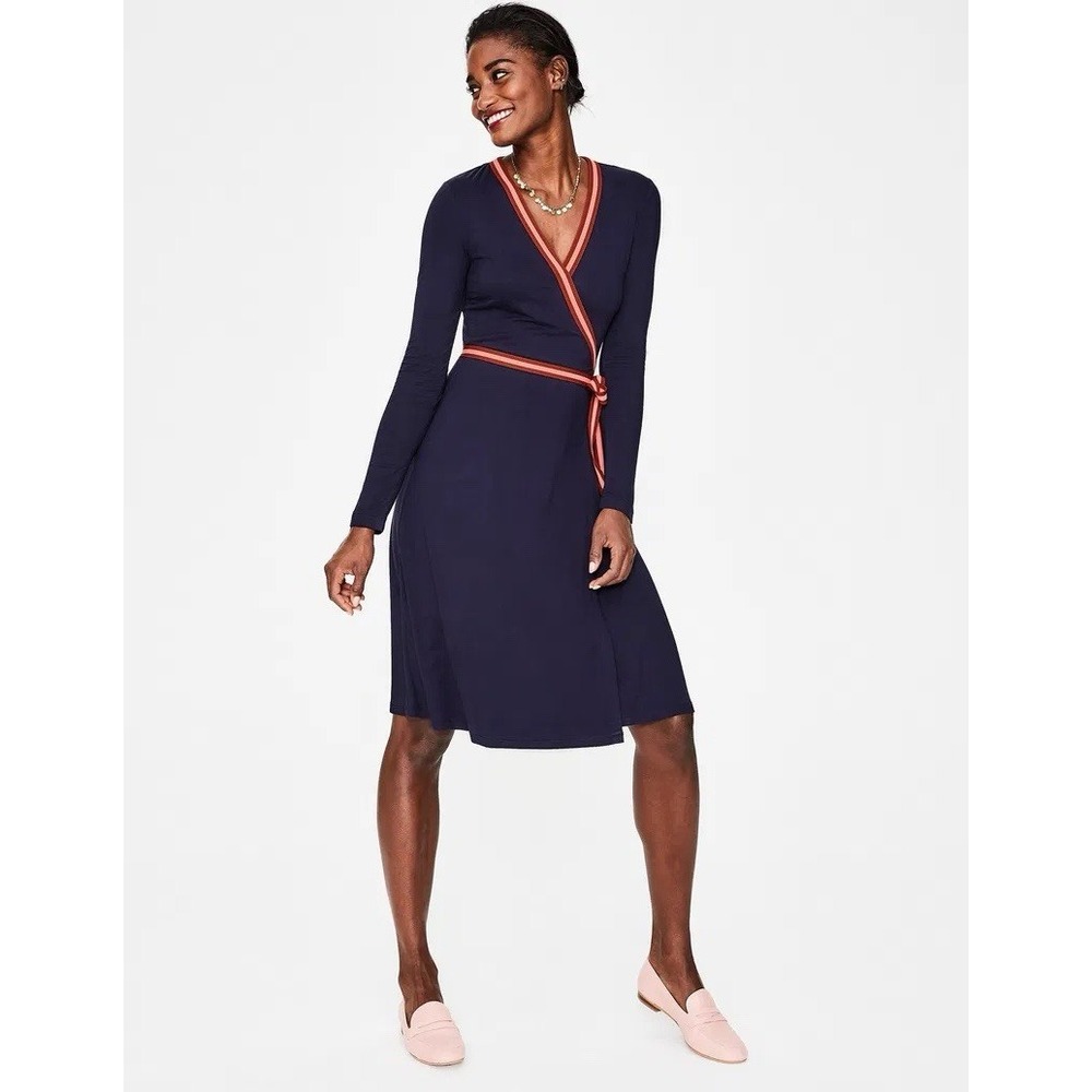 Boden Cara Jersey Striped Ribbon Quality Wrap Dress Navy Women 12L